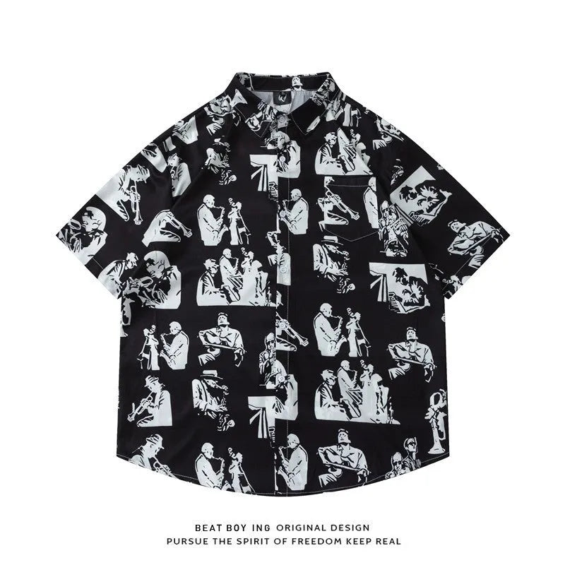 Men's loose fit floral print short sleeve button-up shirt in lightweight polyester