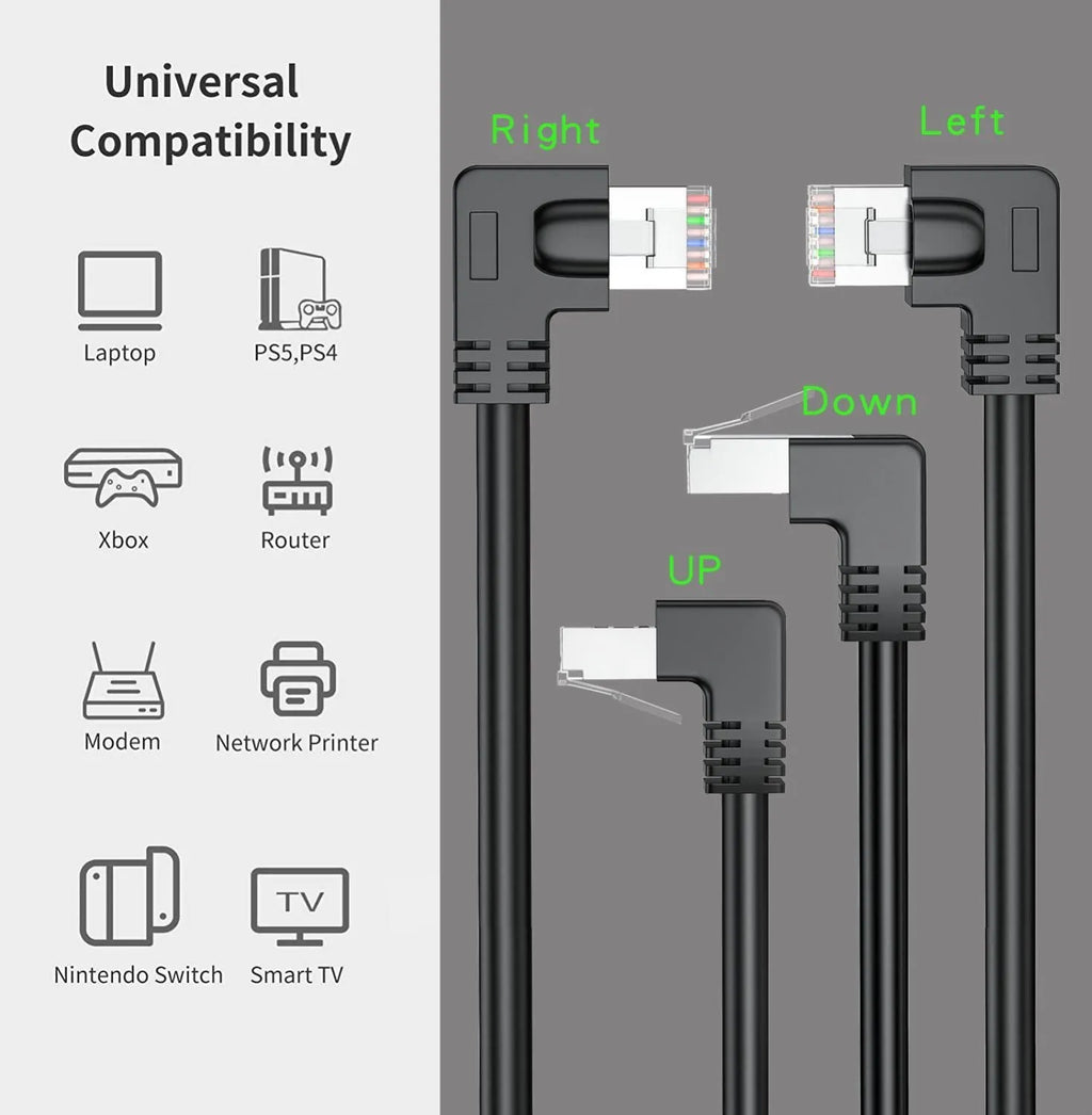 Black Cat6 Ethernet cable with a right-angled metal RJ45 connector shown next to a router.