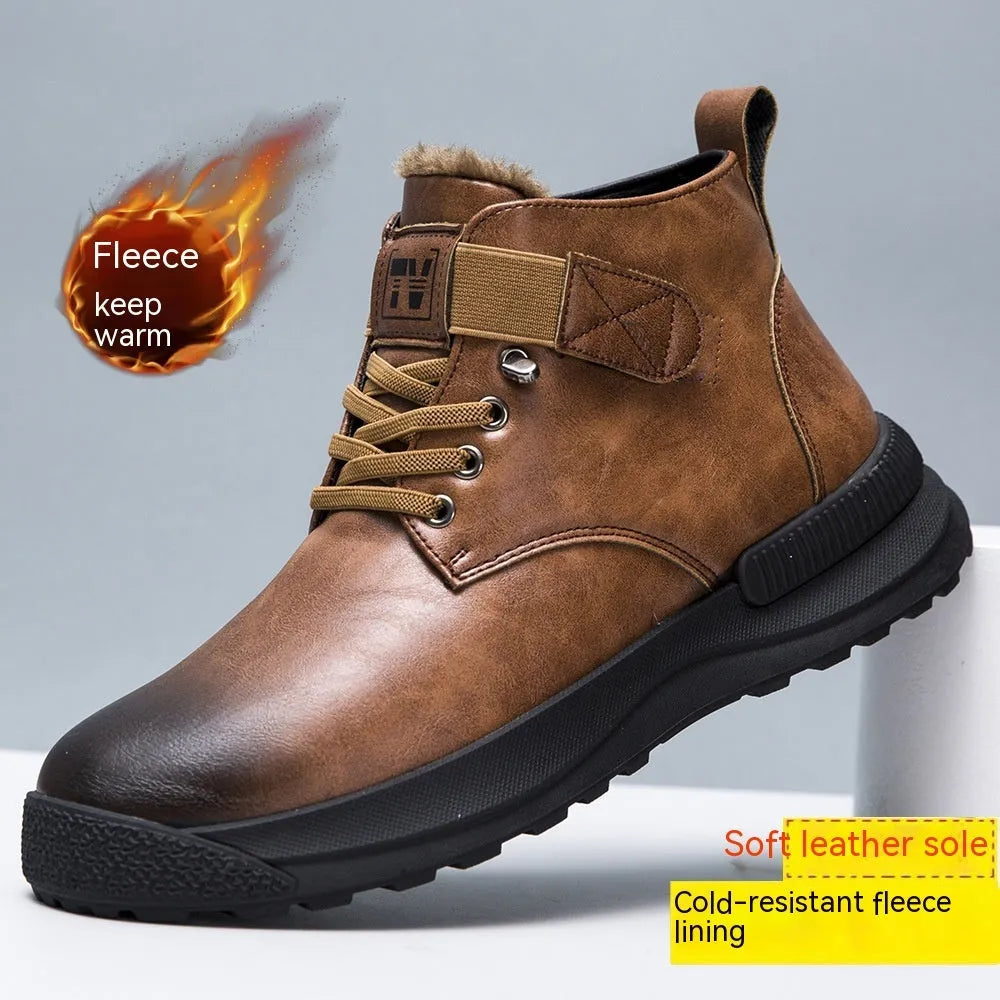 Black and brown platform Martin boots with high-top design and rubber sole