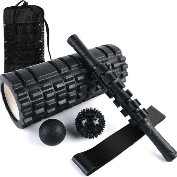Black fitness foam roller measuring 33cm with EVA and PVC construction for muscle massage