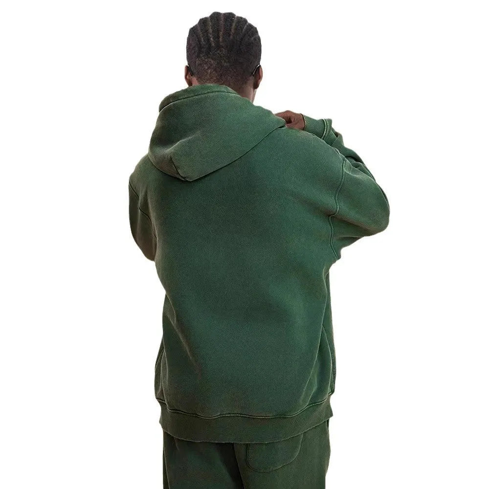 Men's vintage wash cotton hooded cardigan with fleece lining and a double front zipper.