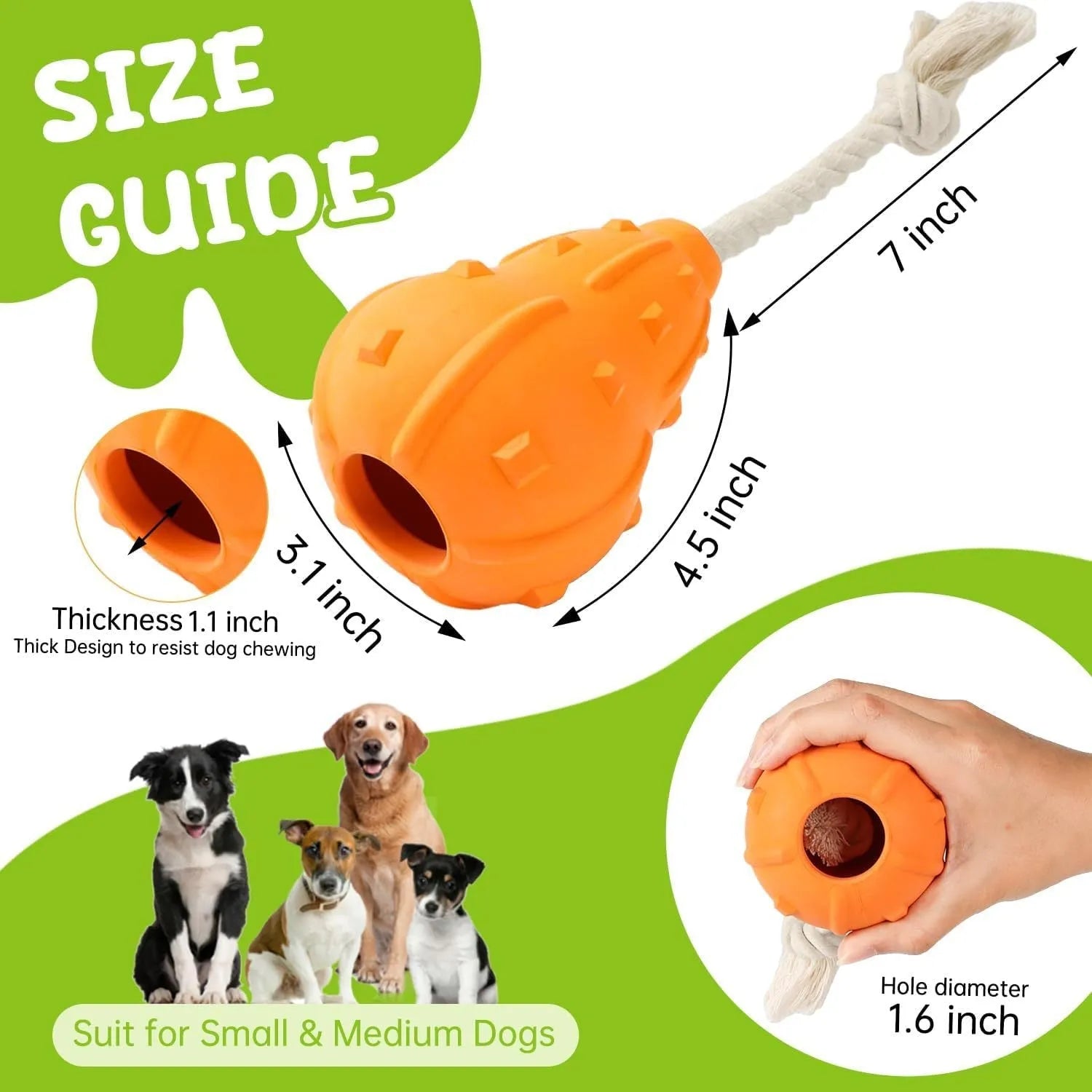 Natural rubber interactive dog toy with treat hole and strap for small and medium breed dogs