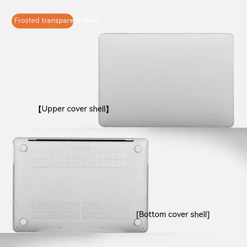 Hard plastic protective case fitted on a silver MacBook Pro laptop, showing clear transparent finish.