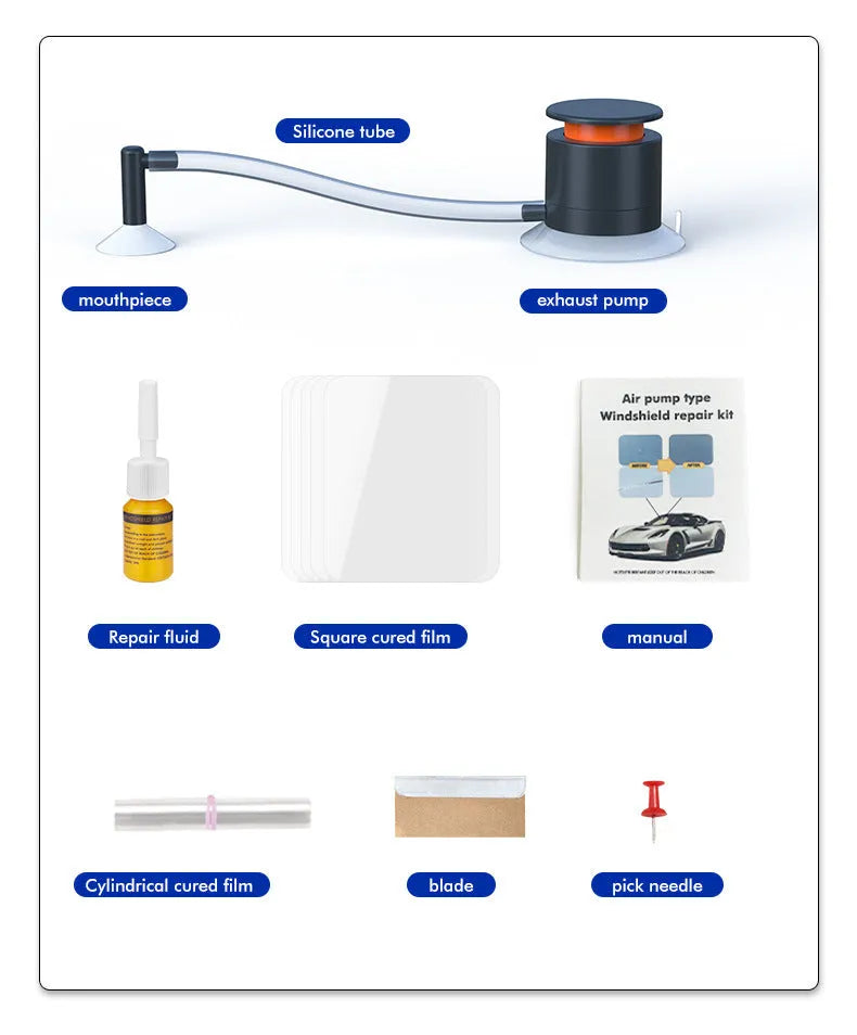 Car windshield crack repair kit showing plastic tool and glass corrector solution bottle