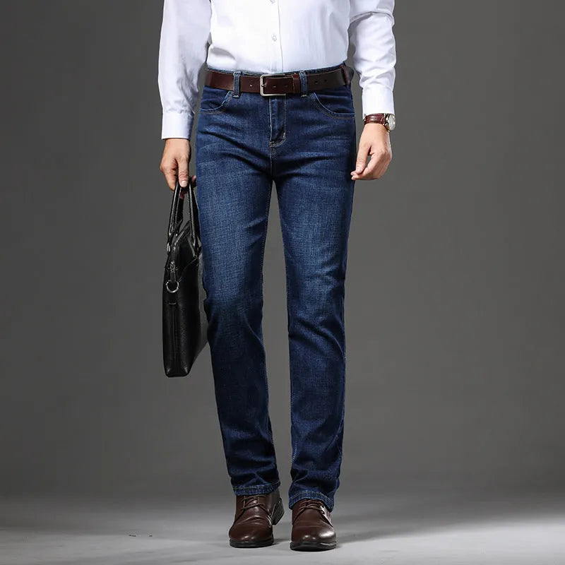 Women's black and blue stretch denim jeans with straight leg design for business casual plus size wear