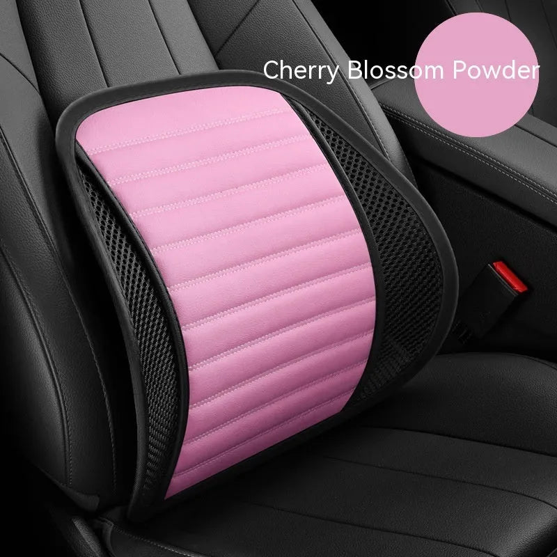 Leather car lumbar support waist back cushion pillow shown in different colours.