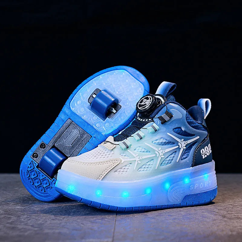 Blue children's roller skates with striped pattern and a rotating button fastener on a solid ground surface.