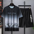 Men's light grey summer shorts suit set consisting of a short-sleeve T-shirt and matching shorts on a hanger.