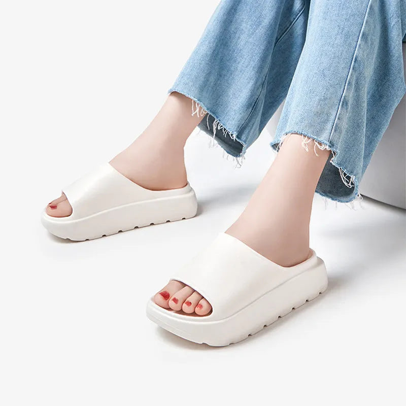 Women's thick-soled beige fish mouth beach slippers with 5.5cm EVA platform