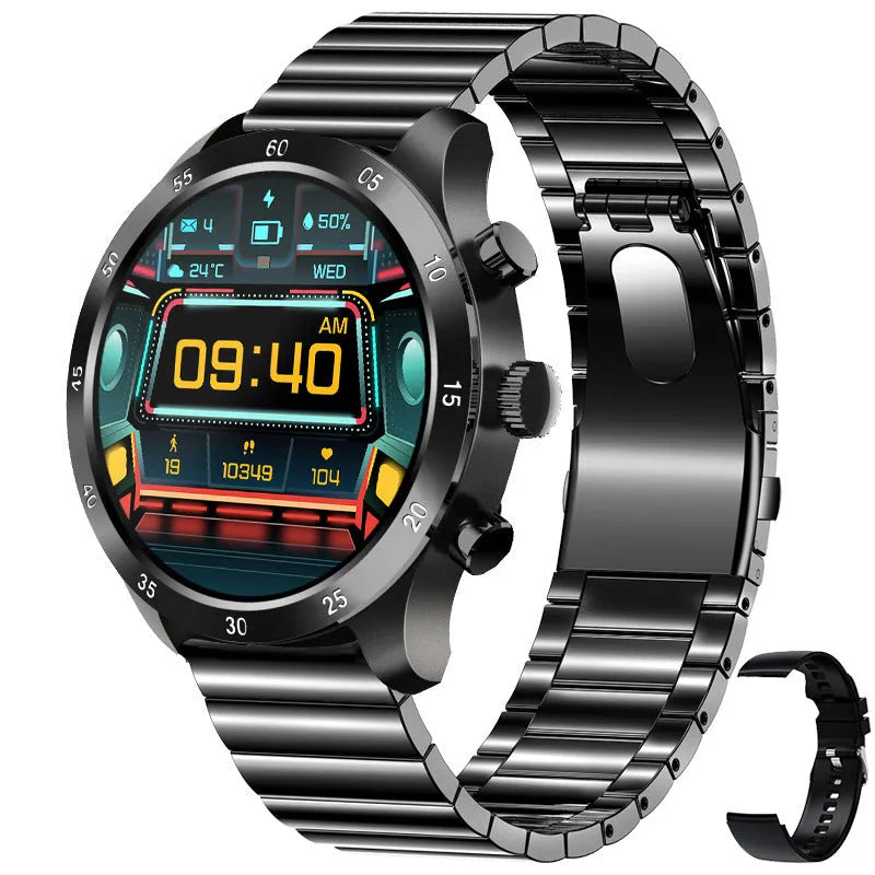 Black smart watch with touch screen displaying heart rate and call functions