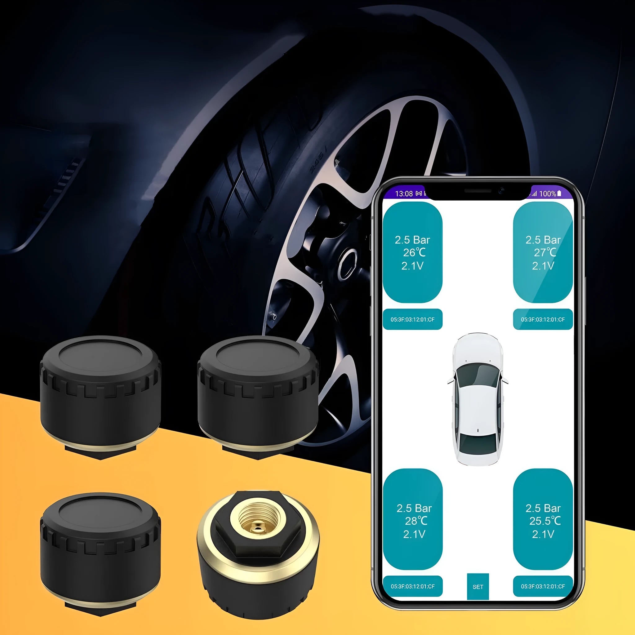 Four black Bluetooth tyre pressure sensors for mobile app monitoring system