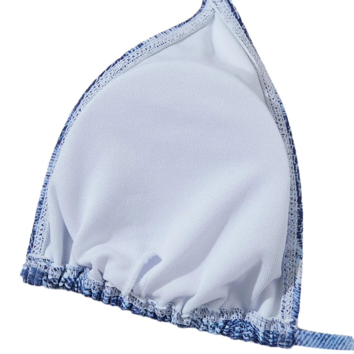 Women's denim blue printed bikini swimsuit with strap design on a hanger