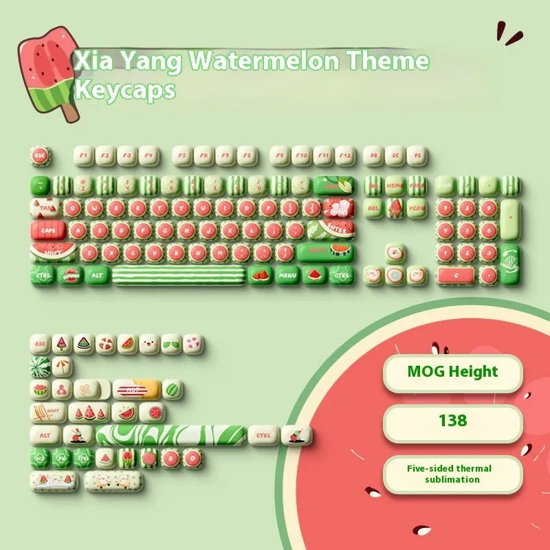 Xia Yang Watermelon themed blue PBT keycaps with five-sided sublimation artwork for mechanical keyboards.