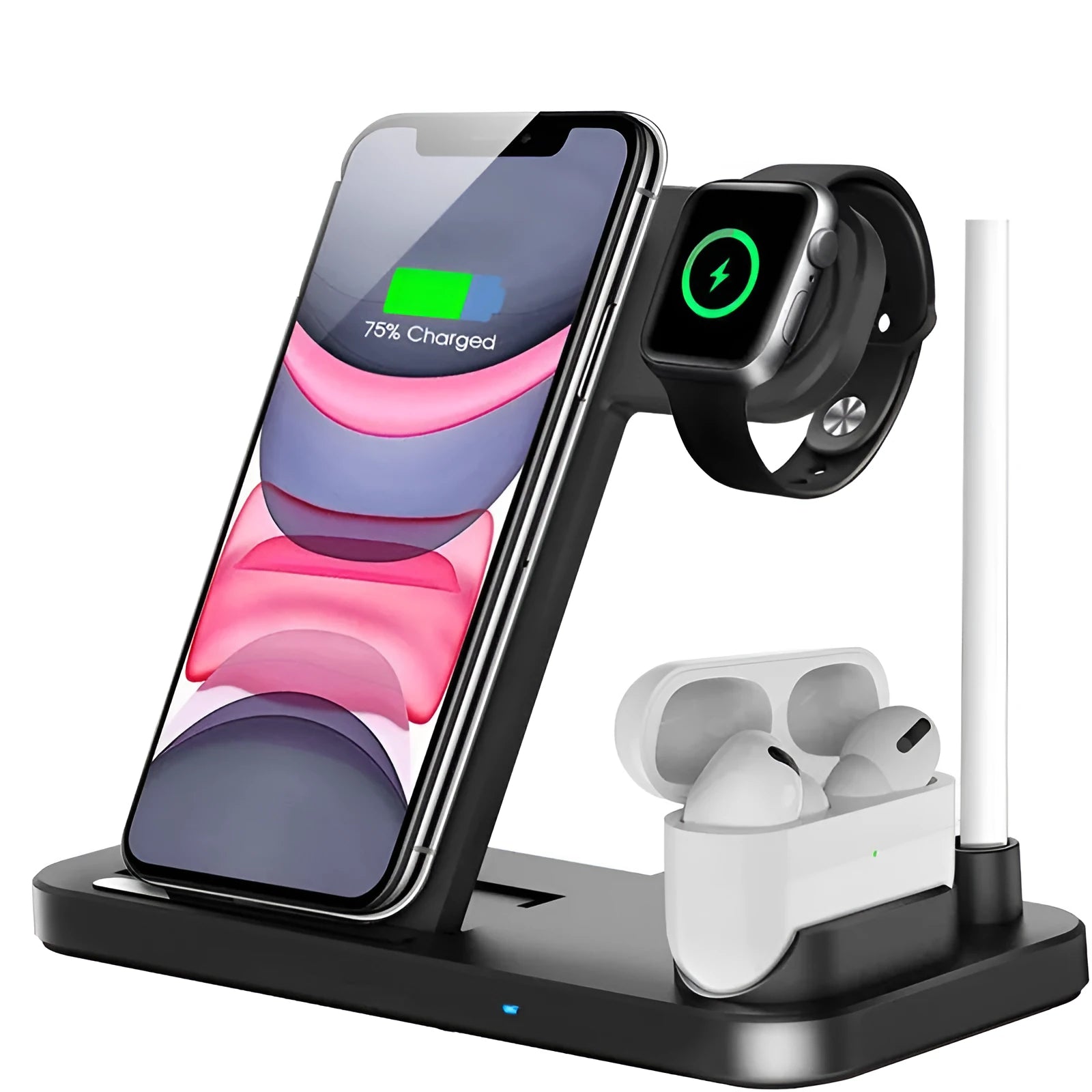 15W folding 4-in-1 wireless charging stand showing iPhone and Apple Pencil charging simultaneously