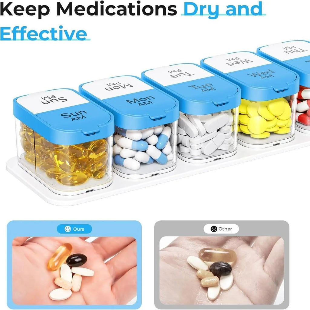 Large portable pill dispenser with 14 compartments showing disassembling function in white or rainbow colour