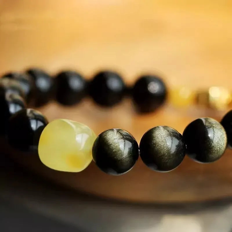 Natural golden obsidian ethnic style bracelet with 10mm geometric beads