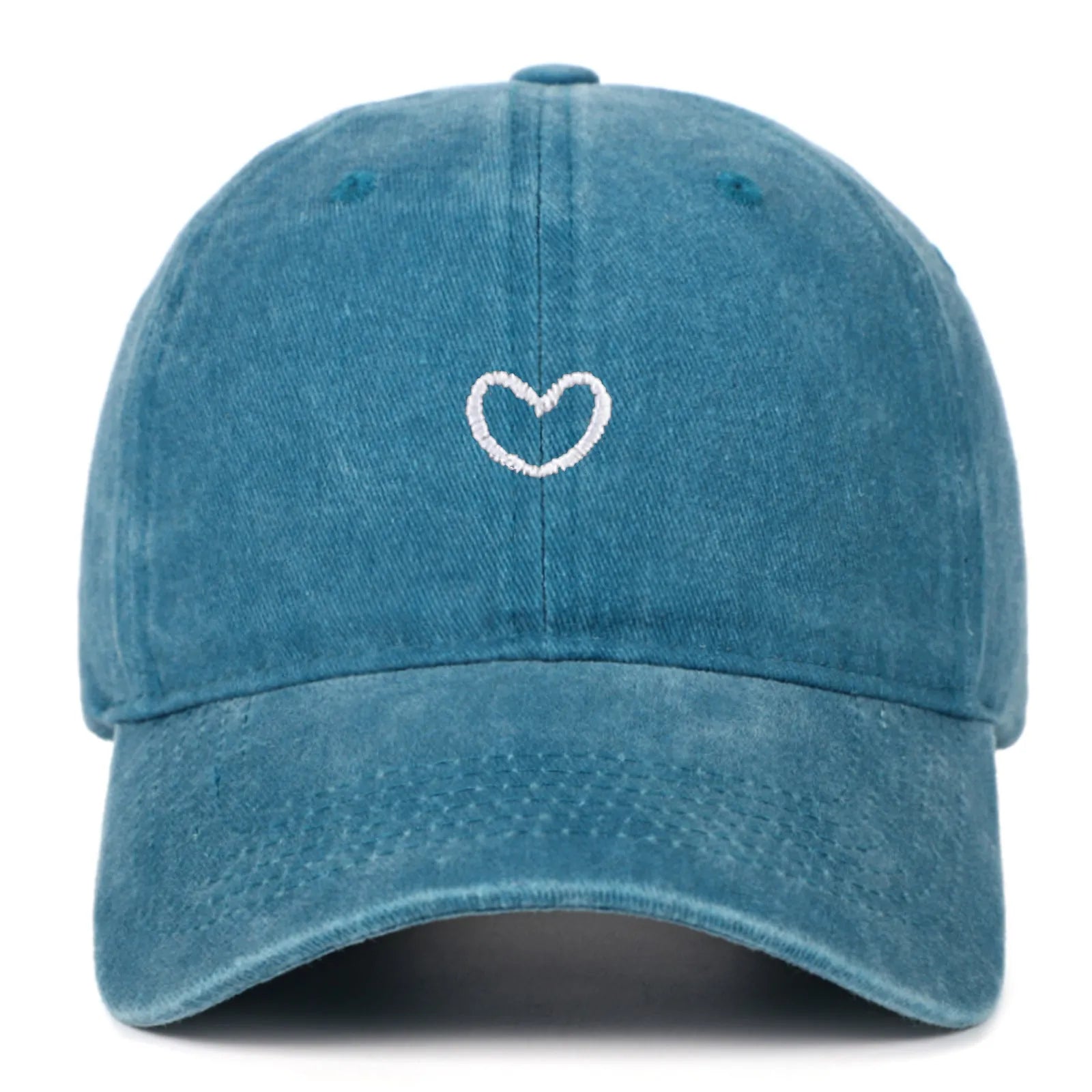 Soft cotton baseball cap with an embroidered red love heart on the front, shown in adjustable size.