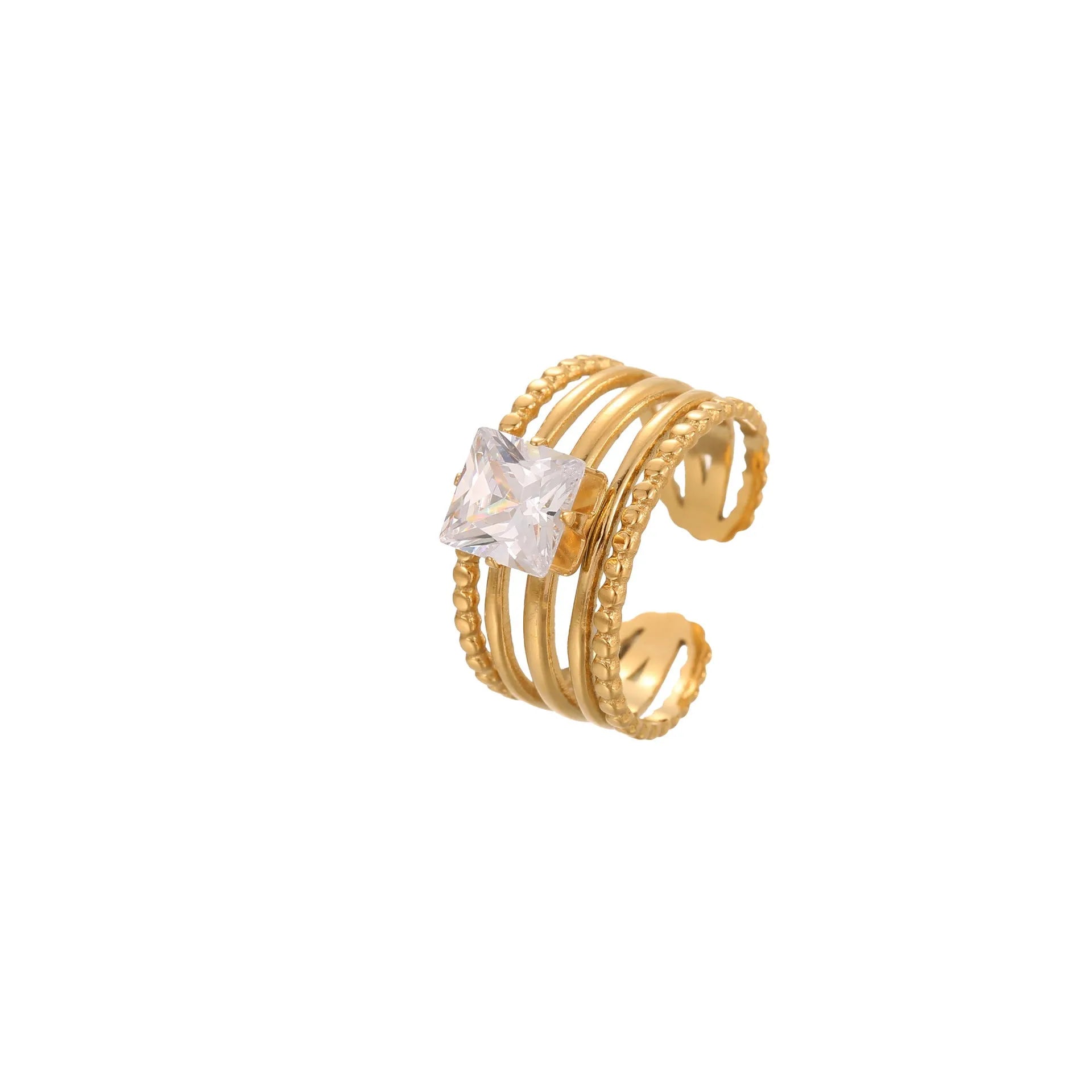Gold electroplated stainless steel ring with zircon stones and open mouth adjustable design