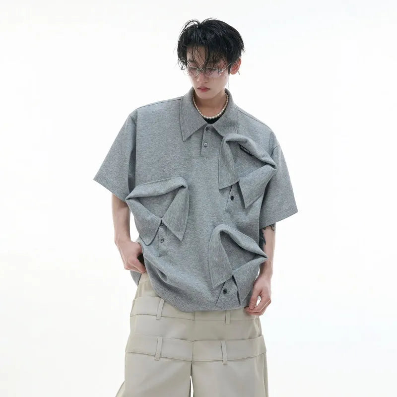 Men's deconstructed collar polo shirt with geometric pattern in loose fit polyester