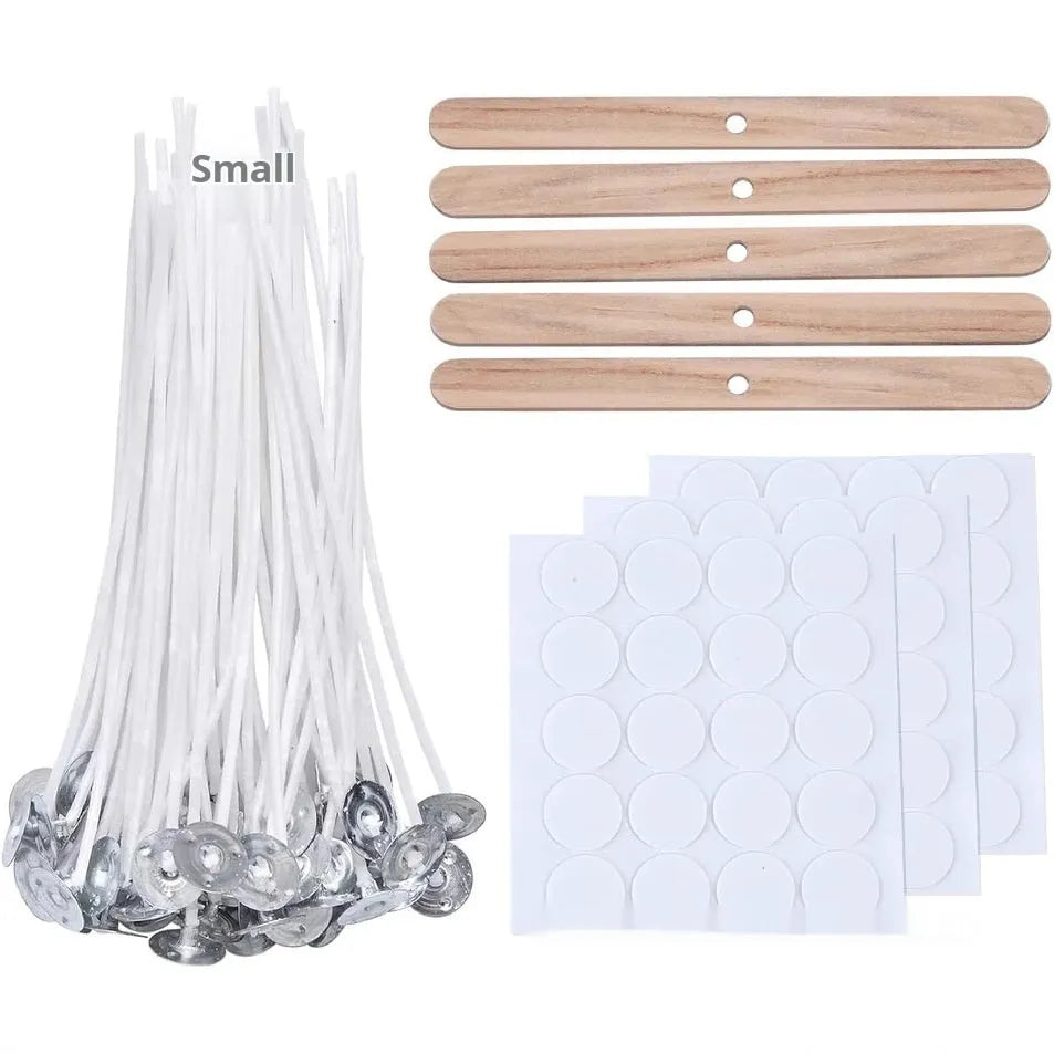 White cotton candle wicks in three lengths - 2.6cm, 6cm, and 8cm - for DIY candle making projects