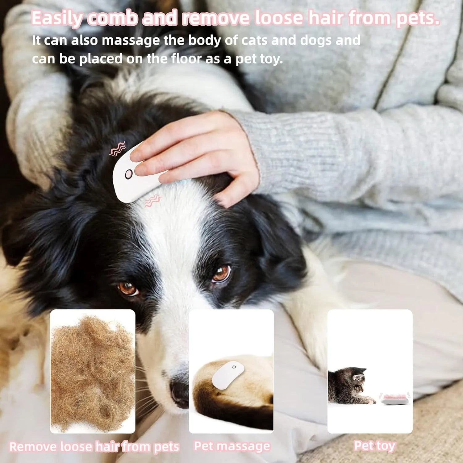 Pink handheld electric pet grooming massage brush with TPE teeth on a white background.