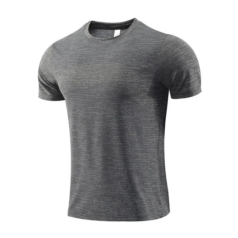 Short sleeve red sports t-shirt made from polyester spandex fabric for running and exercise.