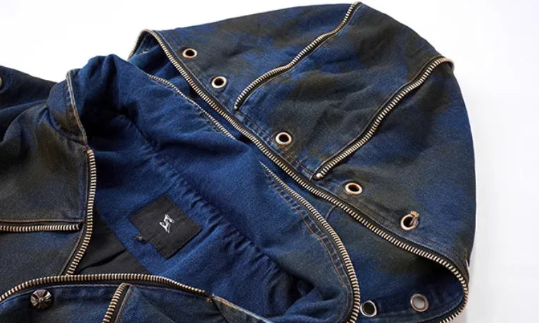 Blue hooded denim vest coat and matching trousers set on a man, showing Korean style fit.