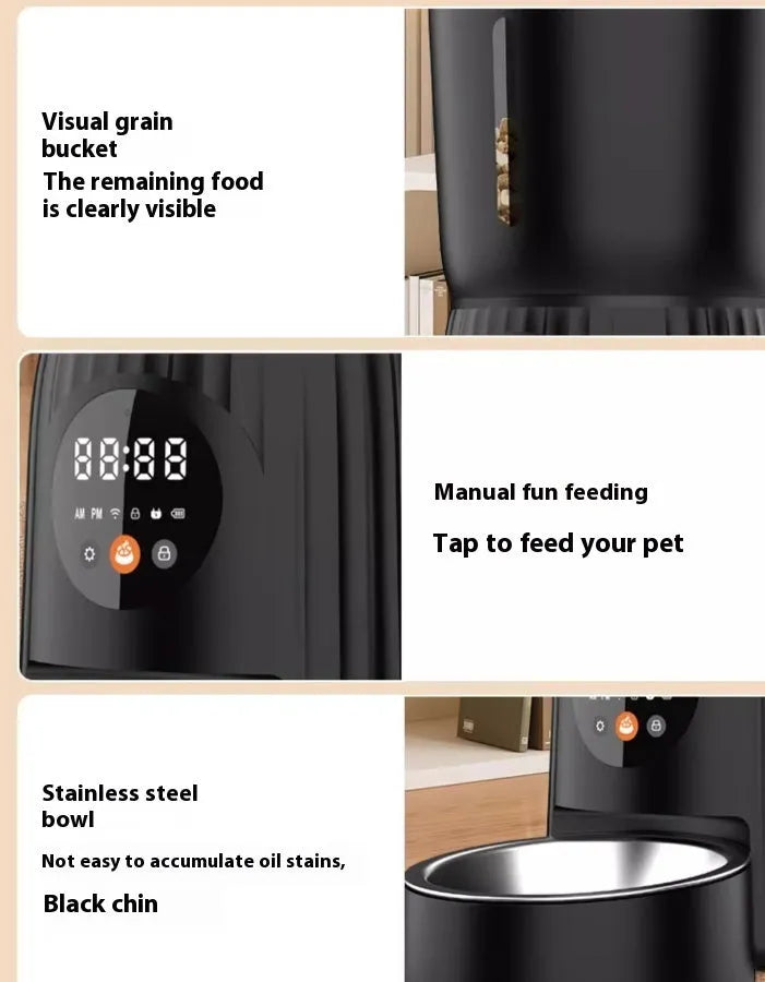 Black intelligent pet feeder with USB cable connection and food dispenser opening