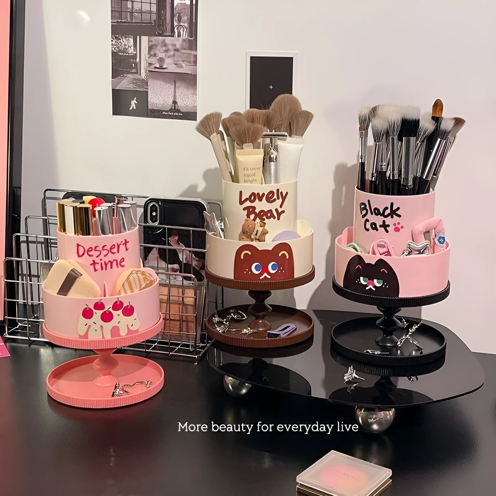 Japanese-style rotating cosmetic brush storage barrel with removable organiser rack in beige colour