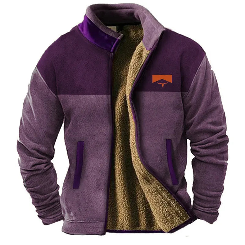 Men's green polyester fleece padded coat on a hanger, showing regular fit and front zip.