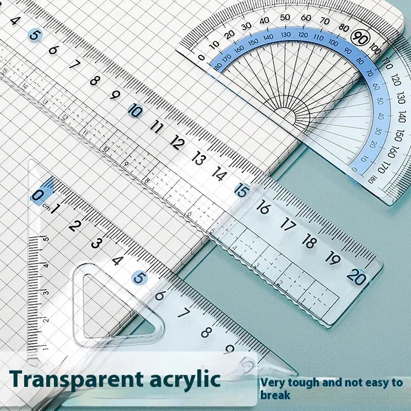 Transparent acrylic ruler set with square and protractor tools for drawing and geometry measurement