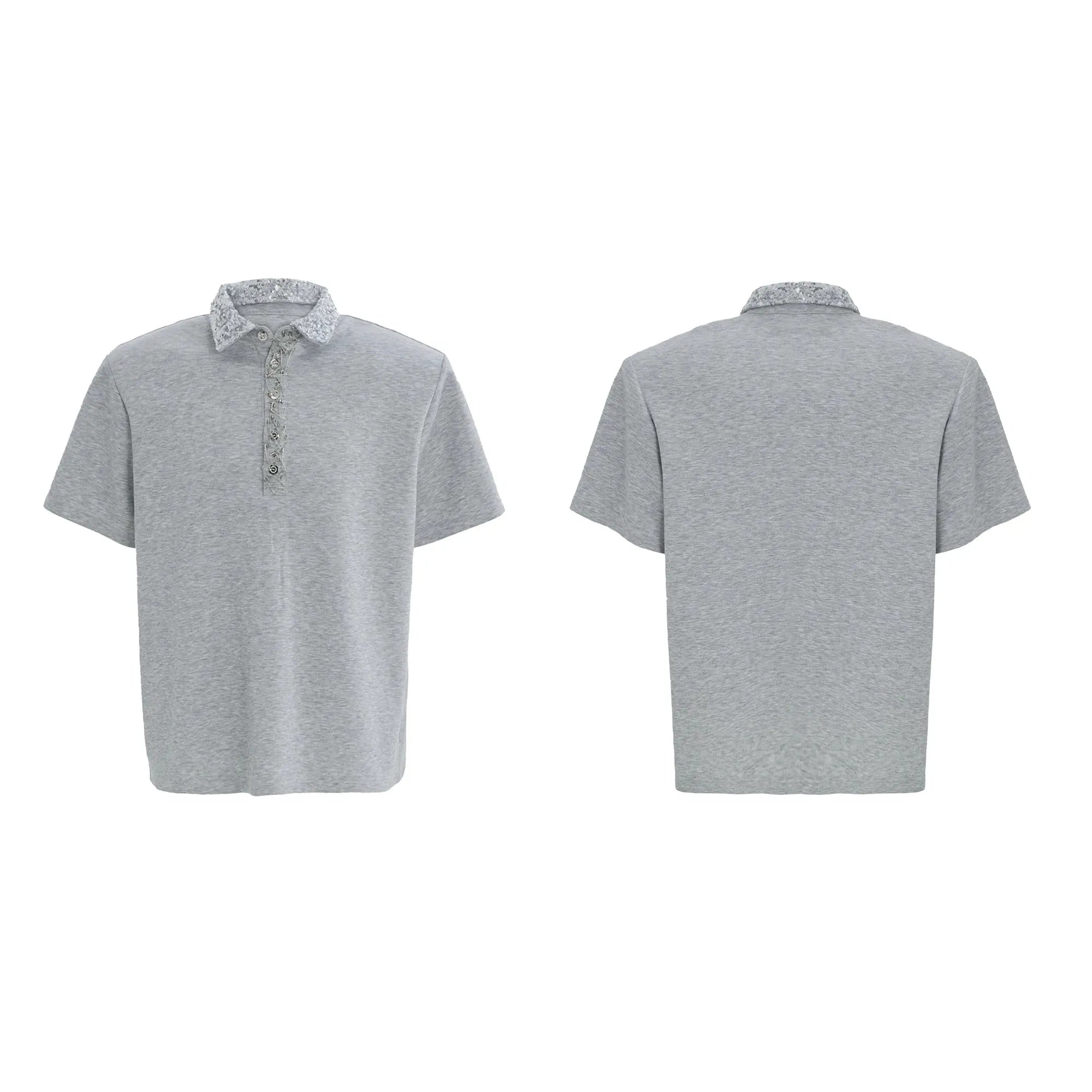 Men's black loose fit polo shirt with square collar and heavy embroidery sequin pattern on chest