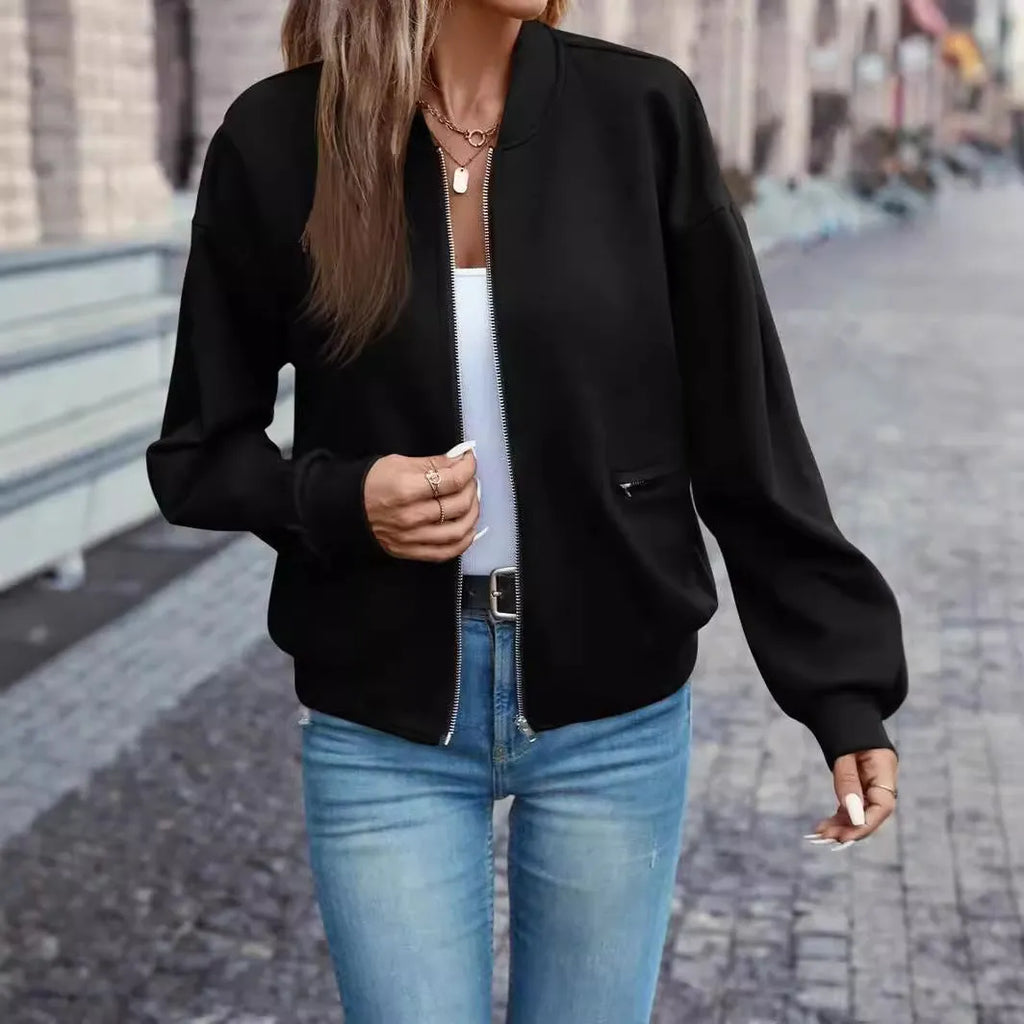 Black women's long sleeve casual zip jacket with faux pockets