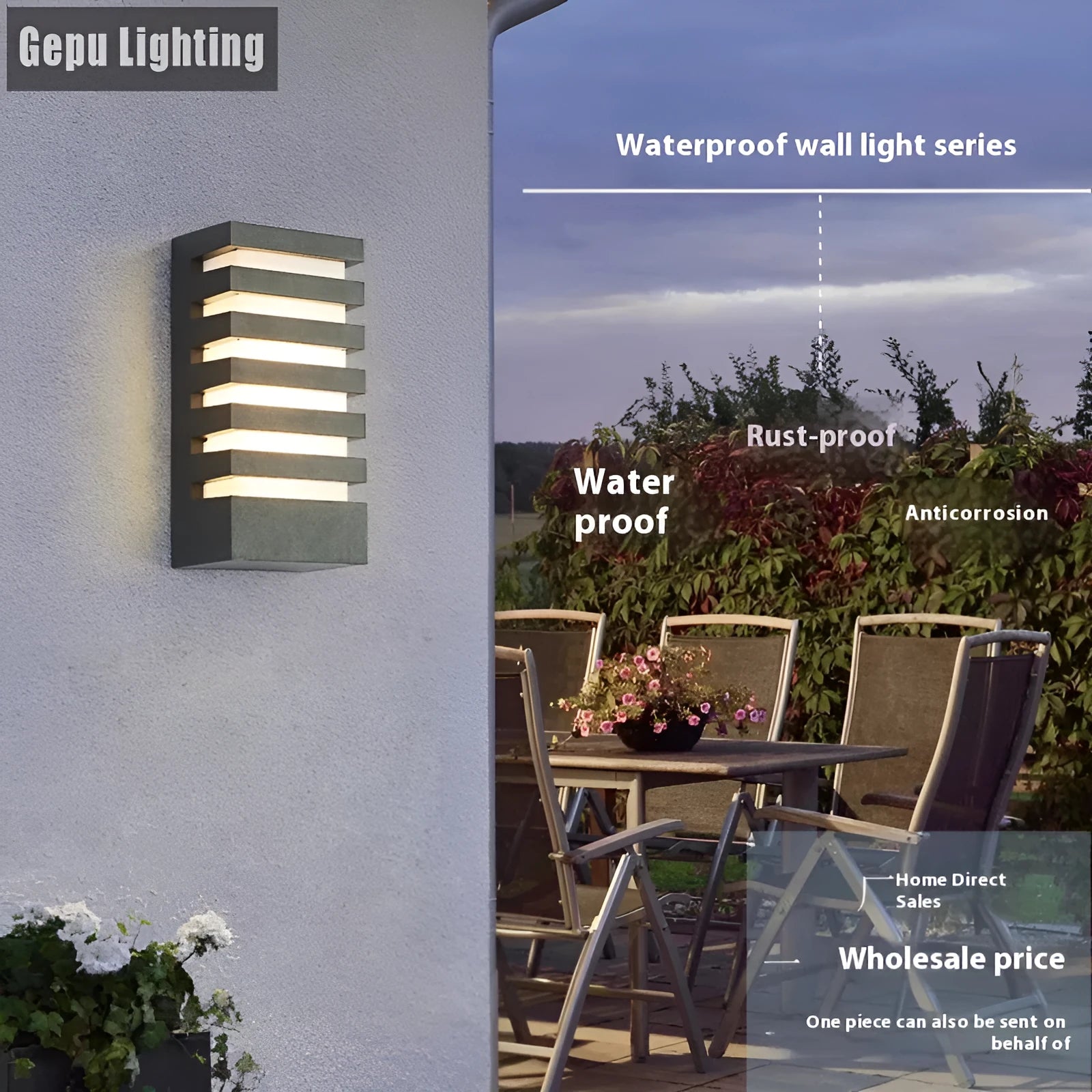 Modern minimalist outdoor wall lamp with aluminium alloy shell, shown in a grey finish mounted on a wall.