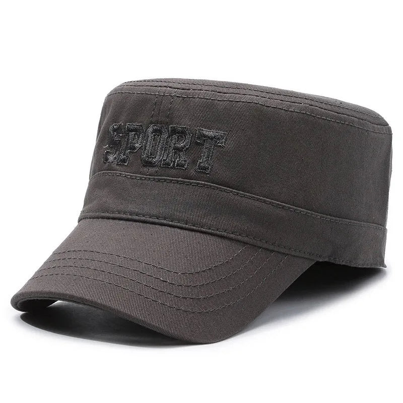 Men's cotton flat-top peaked cap in adjustable size with dome crown
