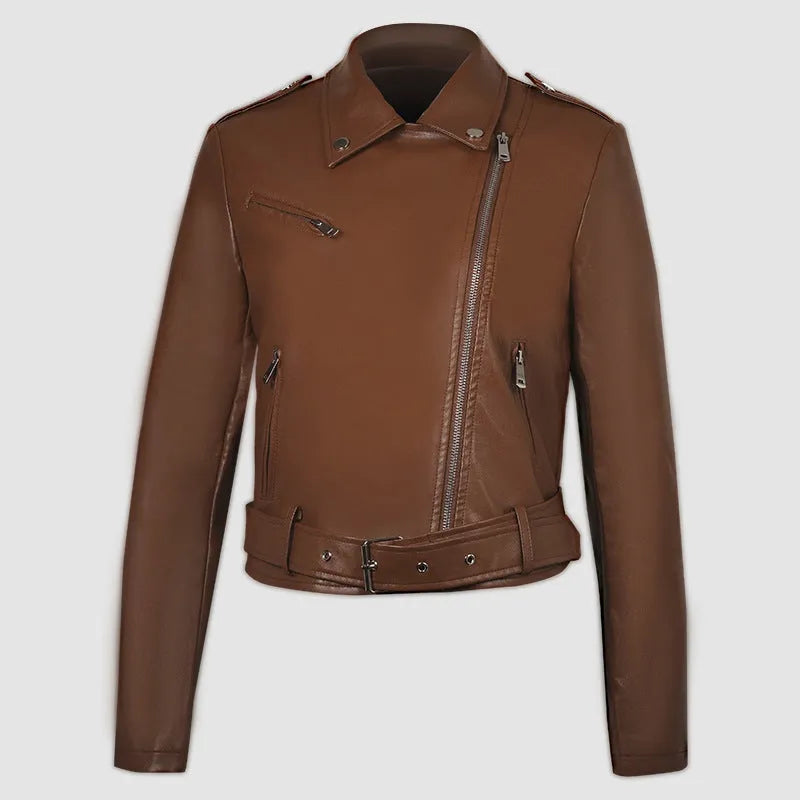 Women's black PU leather jacket with lapel short belt in street fashion style