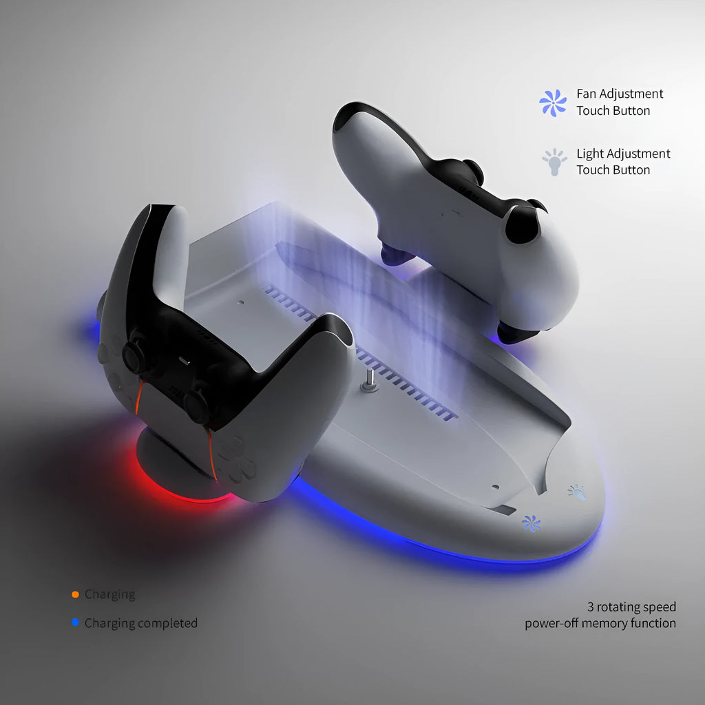 White PS5 Slim charging base with cooling fan, RGB lights, and charging belt