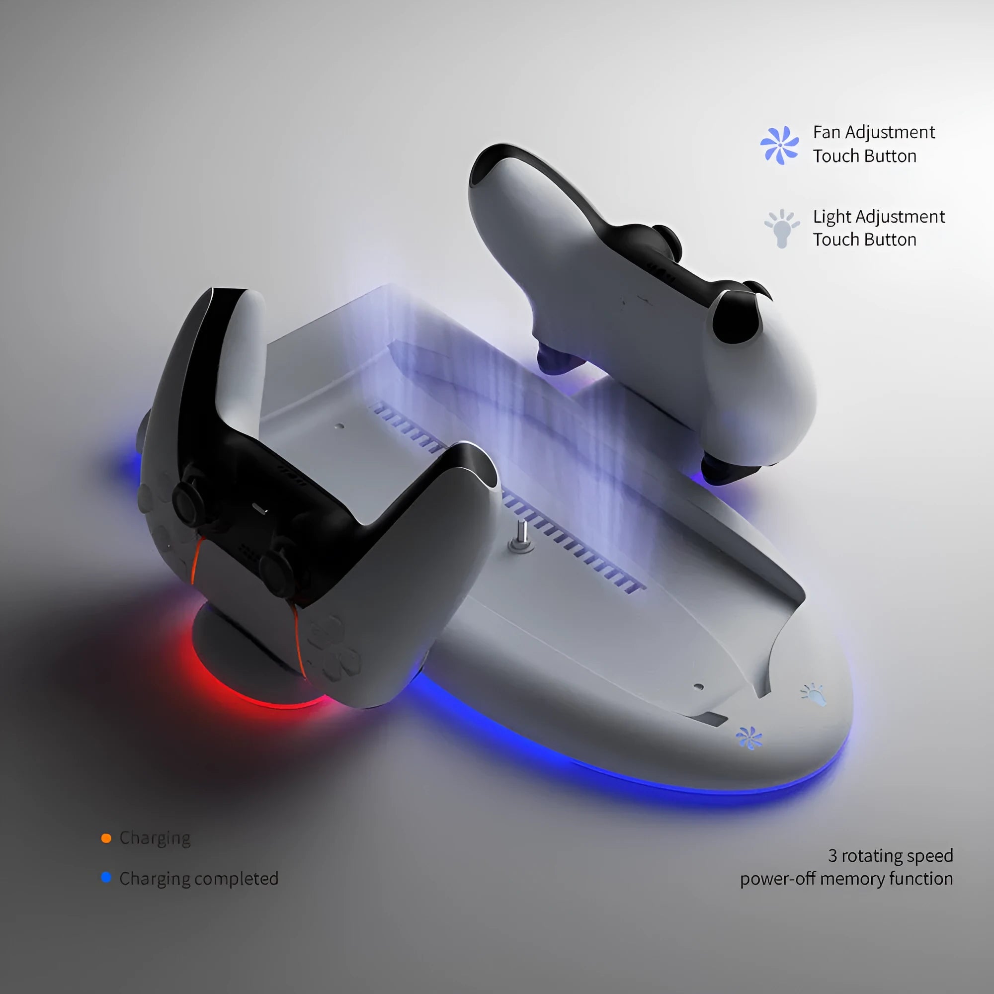 White PS5 Slim charging base with cooling fan, RGB lights, and charging belt