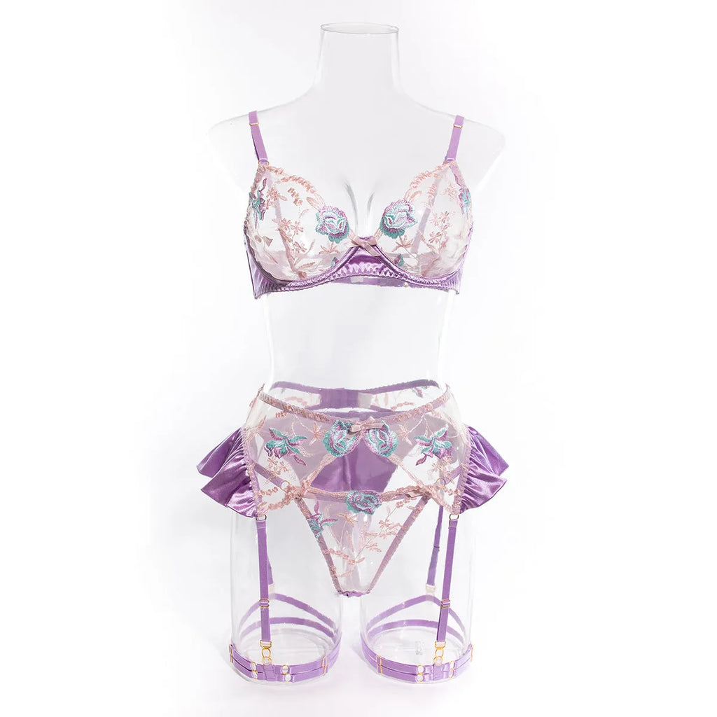 Light purple satin lingerie four-piece set with embroidery detailing