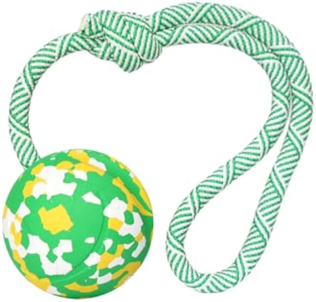 Dog rope ball toy with a solid rubber ball and attached nylon rope for fetch and tug games.
