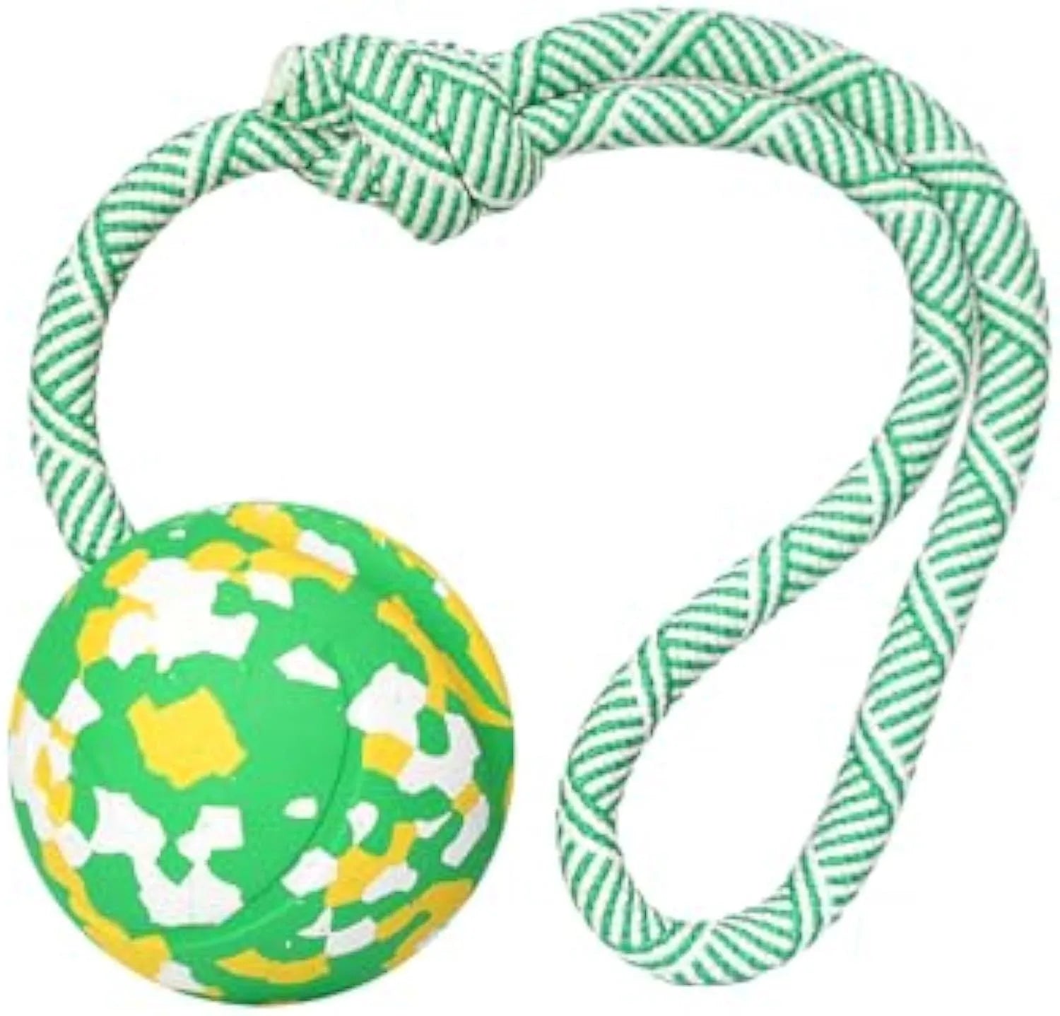 Dog rope ball toy with a solid rubber ball and attached nylon rope for fetch and tug games.