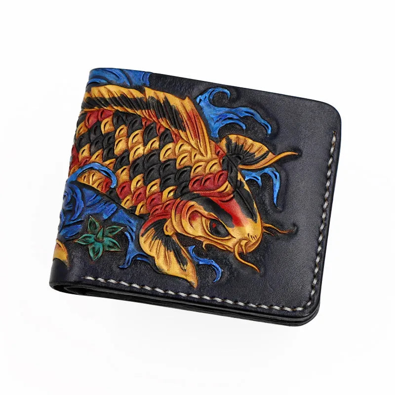 Men's red cow leather short wallet with manual carving and open style, shown next to a blue and gold version.