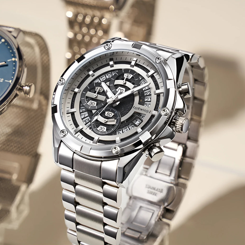 Men's waterproof luminous quartz watch with steel band in black and blue colour option