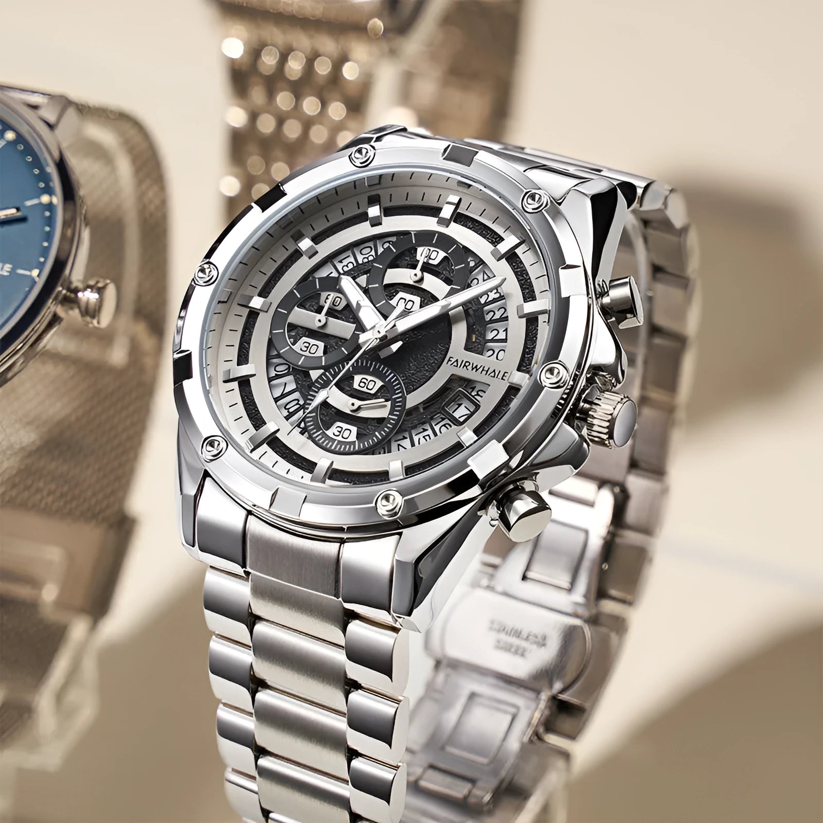 Men's waterproof luminous quartz watch with steel band in black and blue colour option