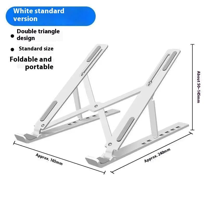 Silver aluminum alloy folding laptop stand supporting a large 18 inch notebook on a desk