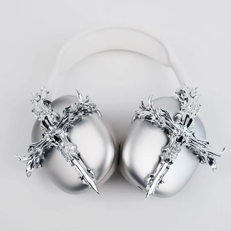 Gothic cross design resin headphone covers for Apple AirPods Max in silver and gun colour options
