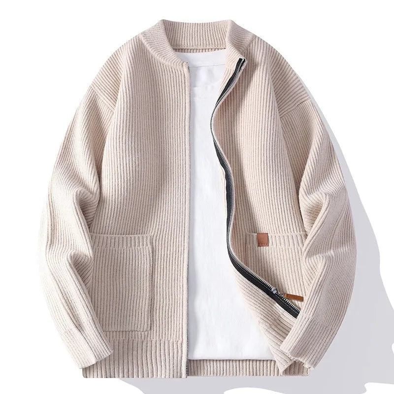 Men's straight cut striped sweater cardigan in a chemical fibre blend fabric, shown in beige colour.