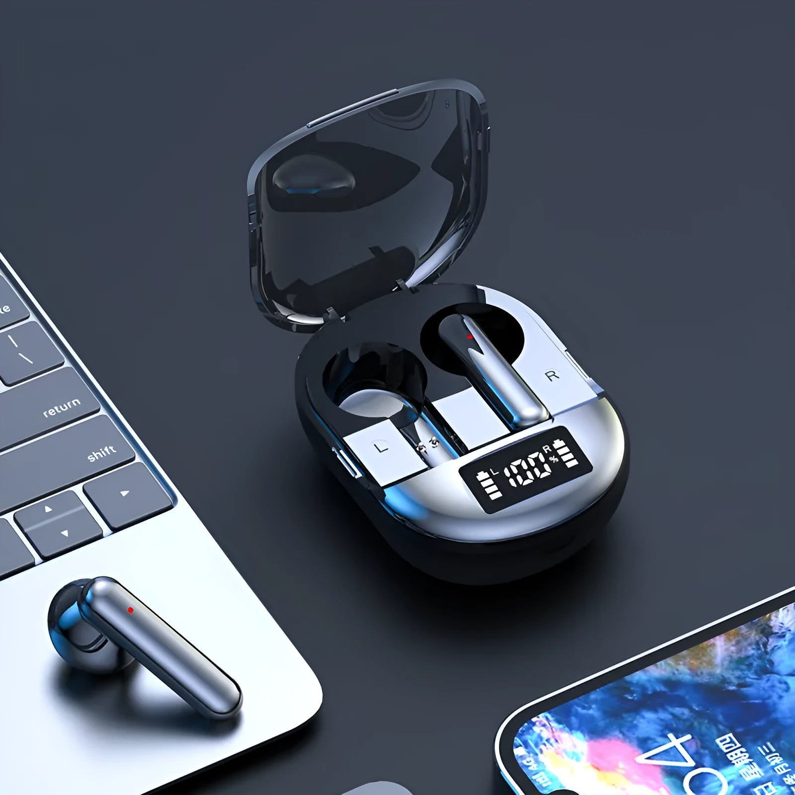Black and white wireless Bluetooth headphones with digital display and charging case