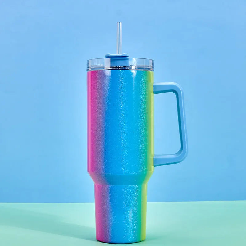 Large stainless steel vacuum insulation cup in rainbow gradient colour with 27.5cm height