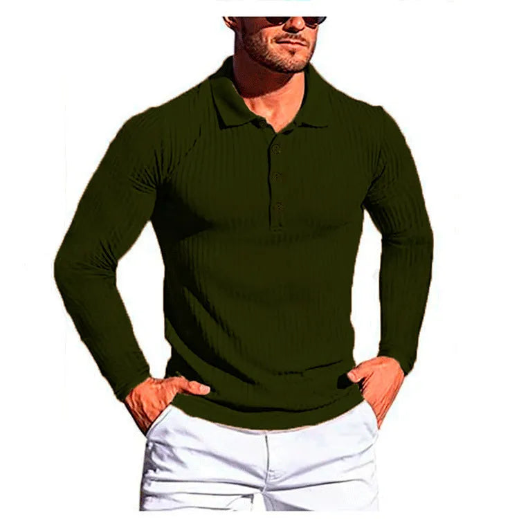Man wearing a high elasticity slim knit summer shirt in a loose fit with short sleeves, shown in one of ten available colours.